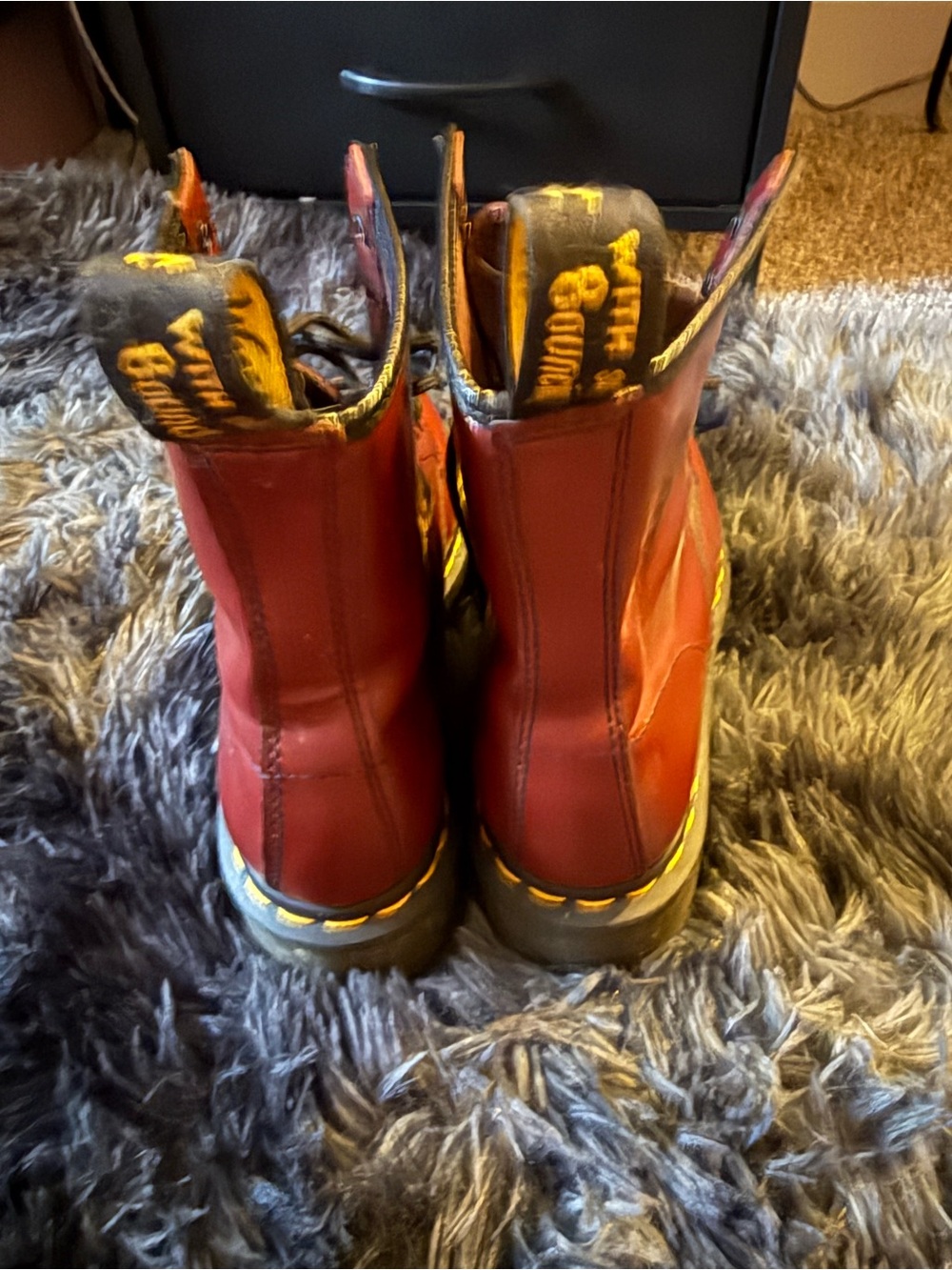 Dr. Martens Burgundy Leather Lace-Up Boots with Yellow Stitching - Picture 3 of 7